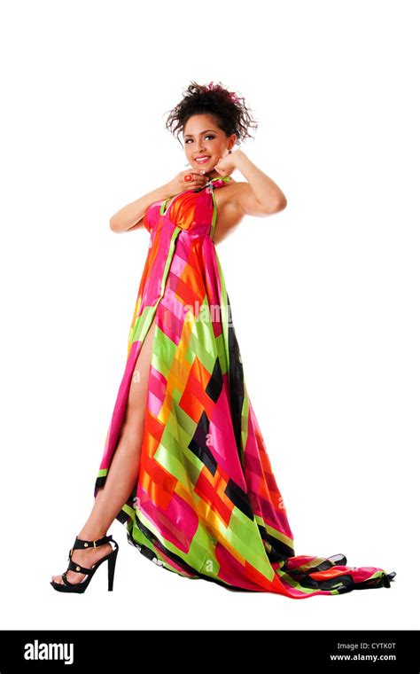 Beautiful Tall Caucasian Hispanic Latina Fashion Model Woman Wearing Colorful Dress Standing