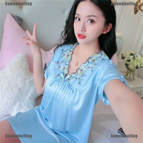 【kam】sexy Night Dress Ice Silk Satin Sleepwear Nightgown Women Plus