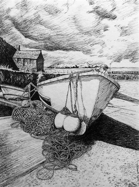 Mullion Cove Pen And Ink Glyn Overton Ink Pen Drawings Boat Art