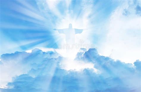 Jesus Christ In The Clouds Of Heaven Blue Sky Background Stock