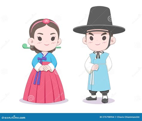 Korean Couple In Traditional Outfit Hanbok Cartoon Illustration Stock