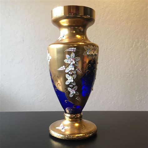 Gorgeous Bohemian Czech Gold Gilt Hand Painted Enameled Flowers On Cobalt Blue Moser Glass