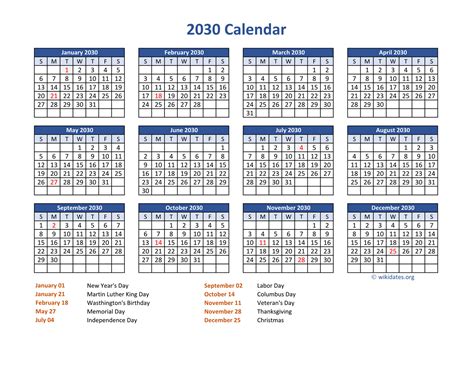 Pdf Calendar 2030 With Federal Holidays