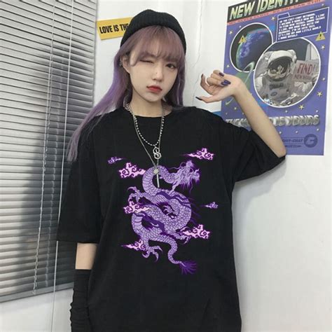 レディースヴィンテージドラゴンプリントtシャツ サマーストリートウェア オルチャン 原宿 特大tシャツ Tシャツ Aliexpress