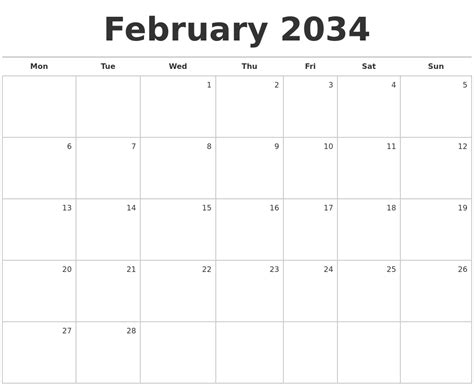 February 2034 Blank Monthly Calendar