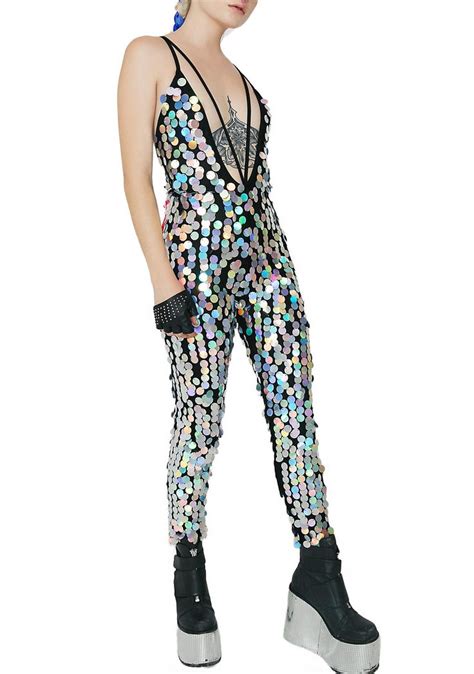 Burners Jaded London Silver Holographic Sequin Plunge Catsuit Catsuit