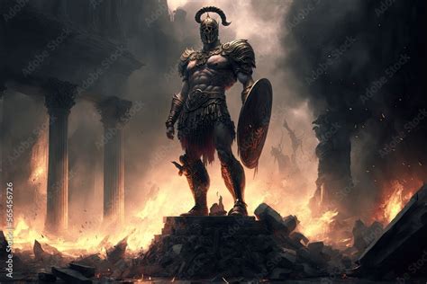 Statue Of Ares God Of War In Battlefield With Bodies And Smoke In