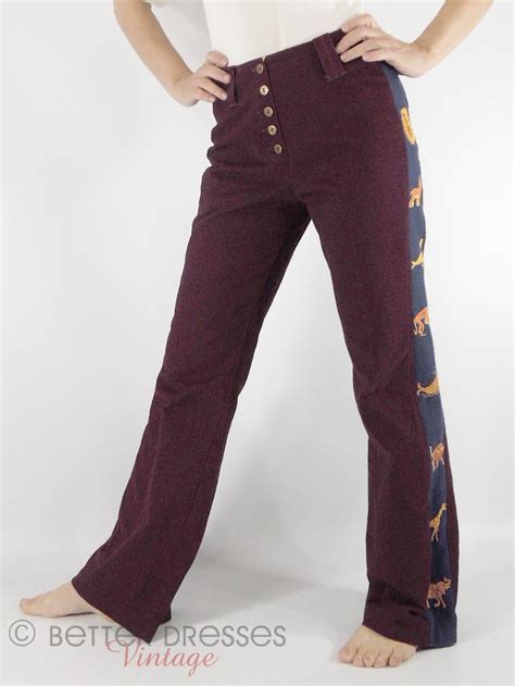 Vintage High Waist Trousers In Burgundy With Embroidered Animals Sm