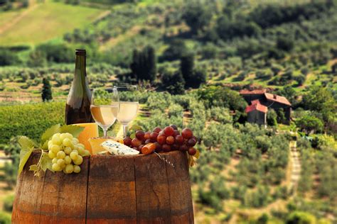 White Wine With Barrel On Vineyard In Chianti Tuscany Italy All