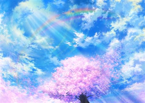 Cherry Blossoms Clouds Iy Tujiki Original Petals Rainbow Scenic
