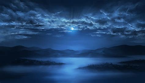 Hd Wallpaper Anime Landscape Night Moon Clouds Sky Lake Artwork