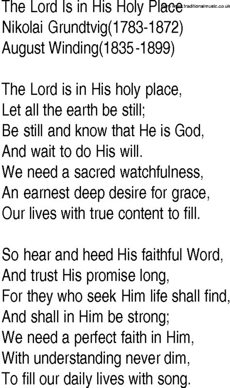 Hymn And Gospel Song Lyrics For The Lord Is In His Holy Place By