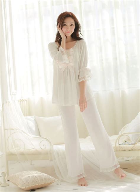 Free Shipping Princess Womens White Pajamas Pants Set Lace Decoration