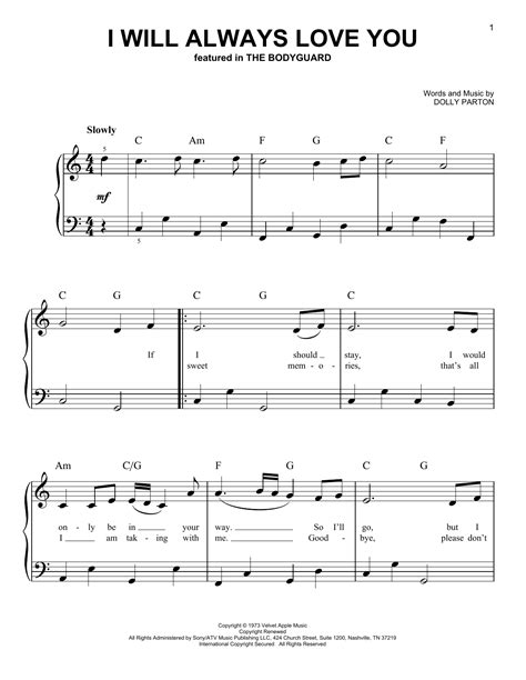 I Will Always Love You Very Easy Piano Print Sheet Music Now