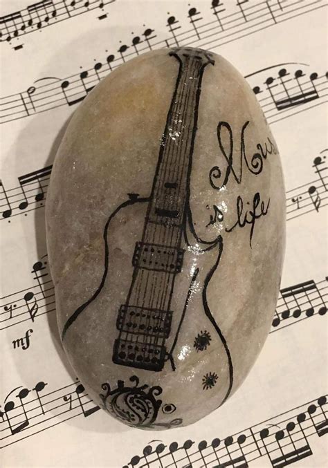 Hand Painted Musical Guitar Stone Etsy Stone Guitar Painted Rocks