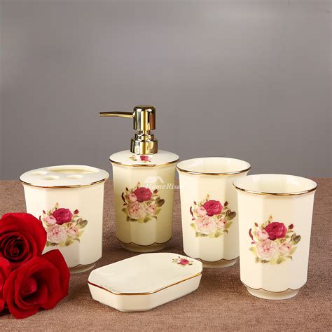 5 Piece Floral Bathroom Accessories Set Ceramic Floral Enamel