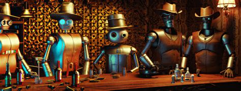 Steampunk Light Brown Colored Serious Robots With Cowboy Hats In A