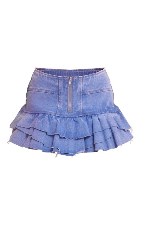 Light Blue Distressed Ruffle Hem Denim Mini Skirt Prettylittlething