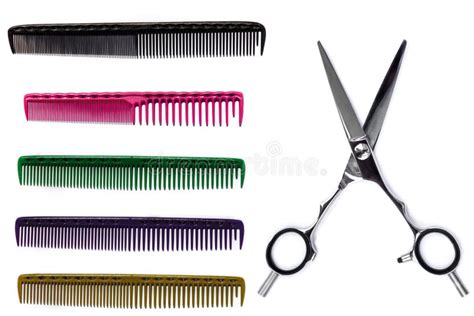 5 Different Color Combs And Professional Scissors For A Hairdresser