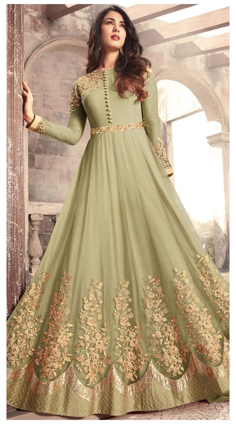 Olive Green Designer Embroidered Net Party Wear Anarkali Suit Anarkali