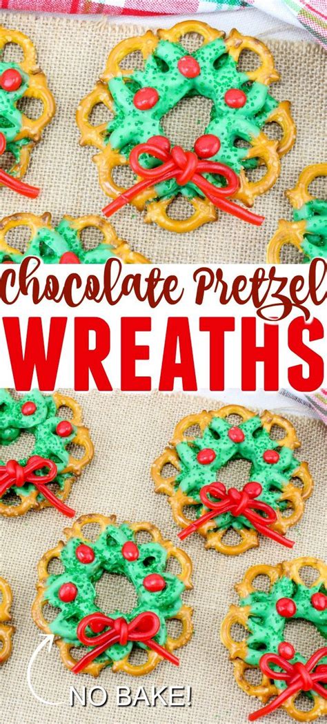 Immediately arrange 5 coated pretzels, twisted edges out, in a circle with sides joining to form bottom layer of wreath. Chocolate Pretzel Christmas Wreaths | Chocolate pretzels ...