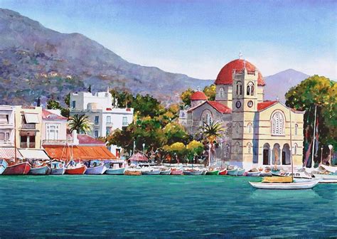 Aegina Island Greece Watercolor Landscape Greece Painting