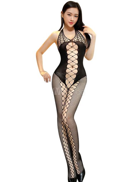 Black Bodystockings Fishnet Cut Out Criss Cross Sexy Hosiery For Women