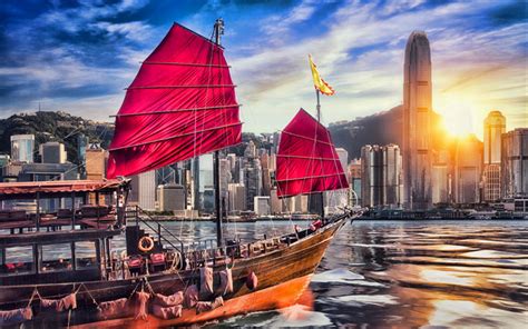 Download Wallpapers Hong Kong Victoria Harbour Sunset Junk