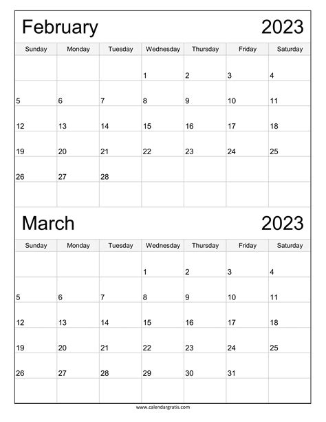 February March 2023 Calendar Printable Template Two Month Planner