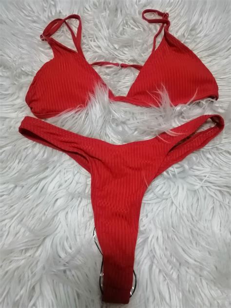 Rare Shein Ultra Sexy Red Ribbed Thong Bikini Two Piece Womens