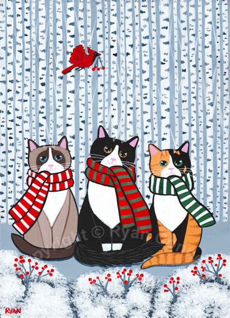 The Winter Cats In Scarves Original Cat Folk Art Painting In 2020