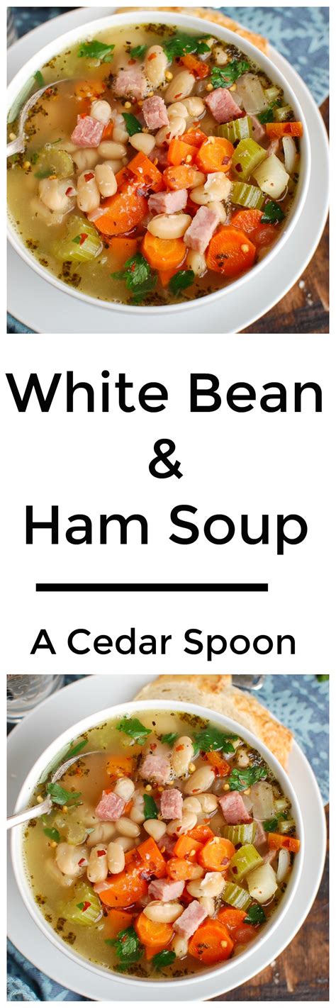 Tips for adding flavor to this easy ham and bean soup. White Bean and Ham Soup Collage - A Cedar Spoon
