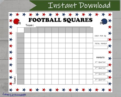 Football Squares Printable Nfl Grid Big Game Party Game Etsy