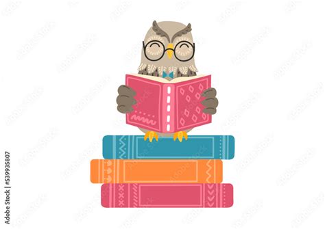Owl Reads Book Sitting On Stack Of Books Children Illustration