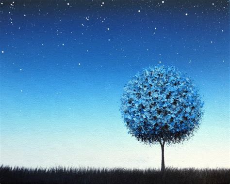 Blue Night Landscape Painting Starry Night Sky At