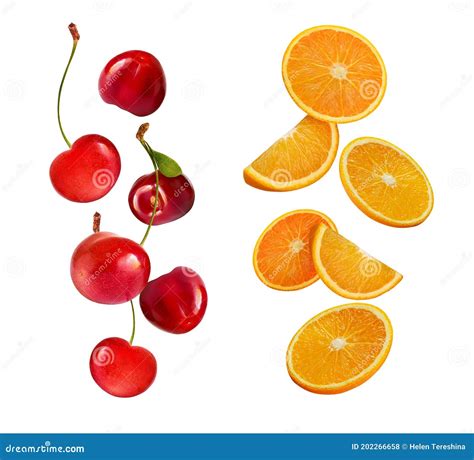 Set Of Orange Slices And Cherries Isolated On White Background Several