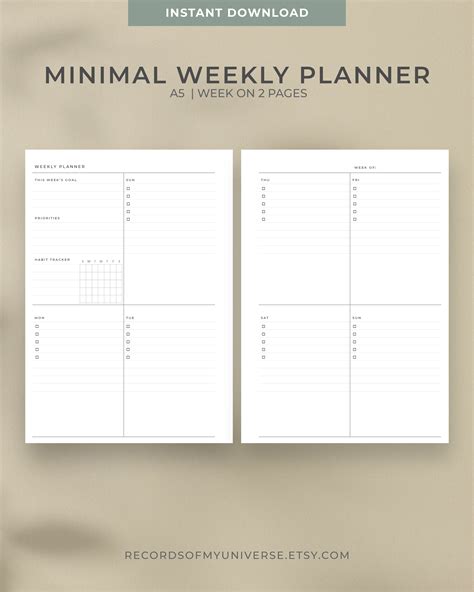 A5 Undated Minimal Weekly Planner Template Printable Weekly Etsy