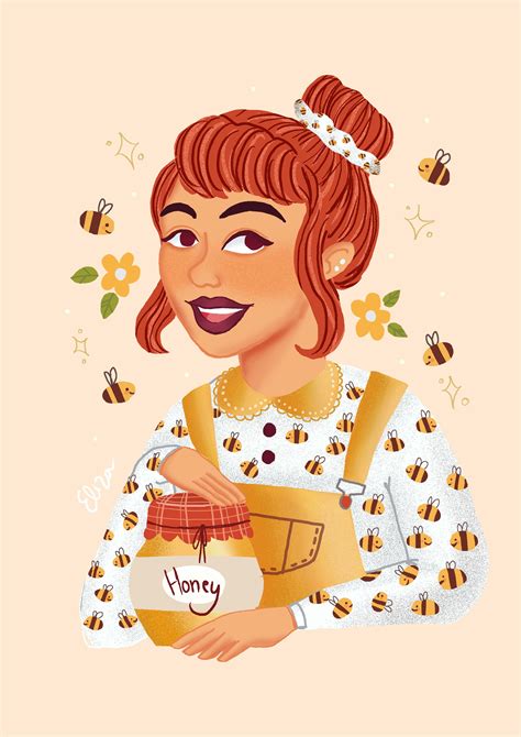 honey bee girl flowers illustration digital art drawing