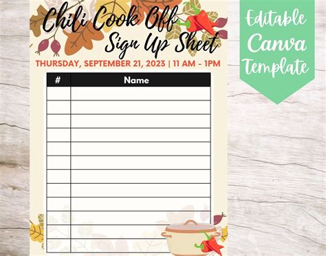 Editable And Printable Chili Cook Off Sign Up Sheet Template Instant