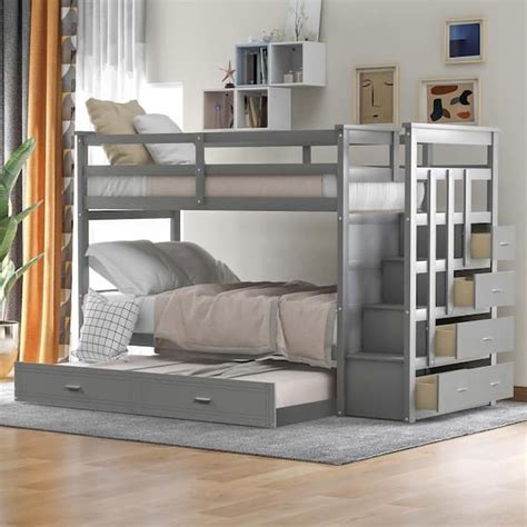 Harper And Bright Designs Gray Twin Over Twin Wood Bunk Bed With Trundle