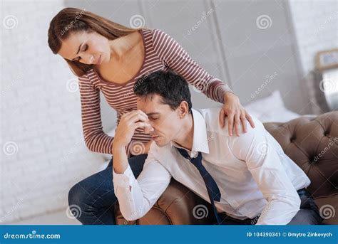 Loving Young Woman Helping Her Depressed Husband Stock Image Image Of Mood Home 104390341
