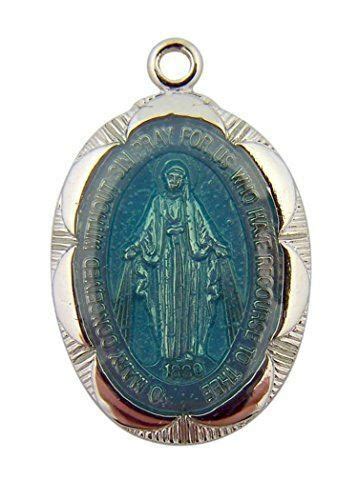 Hmhinc Stering Silver Blue Enamel Blessed Virgin Mary Miraculous Medal