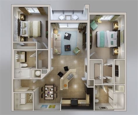 Fascinating 50 3d Floor Plans Lay Out Designs For 2 Bedroom House Or