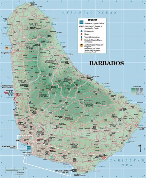 Большая детальная физическая и туристическая карта Барбадоса Барбадос