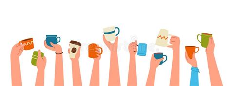 Hands With Cups Cartoon Raised Hands Mugs And Paper Tea Cups Persons