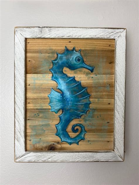 Hand Painted Seahorse On Reclaimed Wood Wooden Wall Art Etsy
