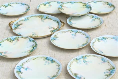 Early 1900s Vintage Hand Painted China Tea Or Dessert Plates Set Blue