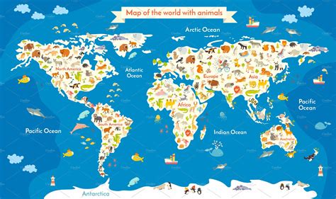 Map Of The World With Animals Custom Designed Illustrations