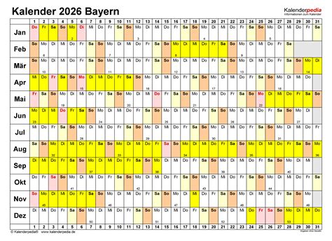 Kalender 2026 Bayern Ferien Feiertage Excel Vorlagen