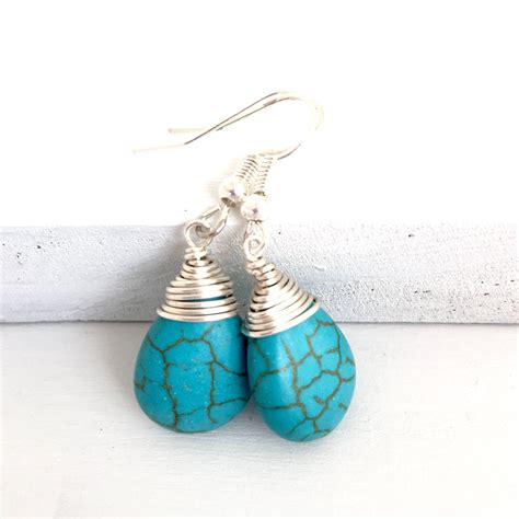 Turquoise Dangle Earrings Turquoise Teardrop Wire Wrapped Earrings